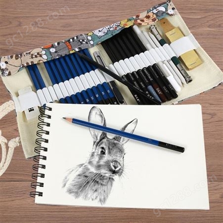 H&B28件素描绘画套装美术用品文具卷笔袋帆布铅笔厂家批发亚马逊